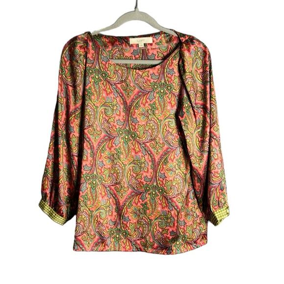 Loft Pink and Green Paisley Print Long Sleeve Silky Blouse Size Small - Picture 1 of 8